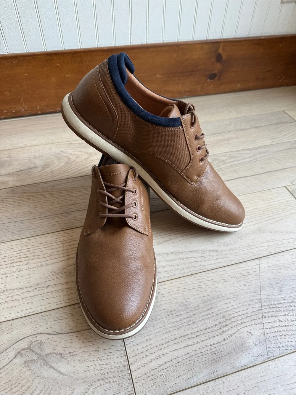 Aldo Tan Brown Leather Derby Shoes with Navy Collar